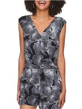 LOFT Black/White Floral V Front/Back Wrap Romper (XSP)